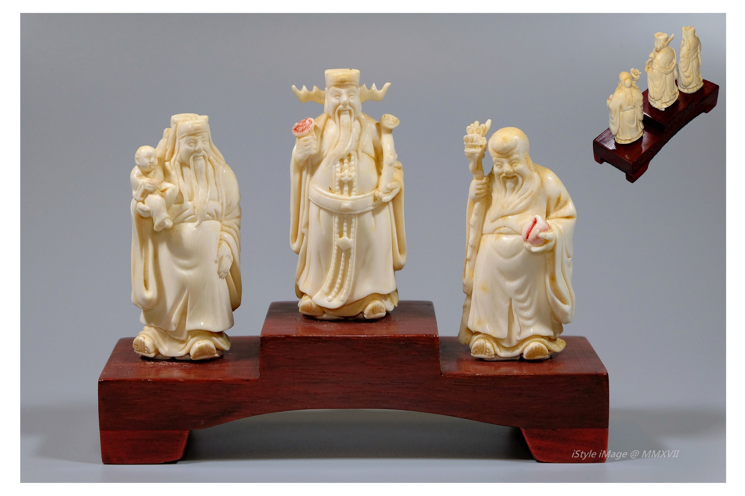 <br><h4>Lot 42 : Fu Lu Shou ivory figure</h4>
				  This very fine and nearly perfect ivory, very well craved Fu Lu Shou figure, they are symbolic of Good Prosperity, Happy and Longevity, commonly as a gift to someone represent a good luck, happiness and longevity wishes. Fu on behalf of the official, Lu represent good prosperity, his hand holding a child for family, Shou holding his attributes of gnarled dragon staff and peach, symbolic of Happy and Longevity. This is a very good collector lot.  
					<br>Measurements (H) high 7.2 CM, (T) thick 2.2 CM, (W)width 3.3 CM<br><br><br>這完美而雕工又好的象牙福祿壽是收藏佳品: 民間吉祥如意祝壽象徵。福為中國古代官員造型，峨冠博帶；祿代表官祿及送子，手抱孩兒；壽代表高壽，一手持龍杖，一手持壽桃。<br>尺寸(H)高 7.2 厘米, (T)深2.2 厘米 ,  (W)濶3.3 厘米