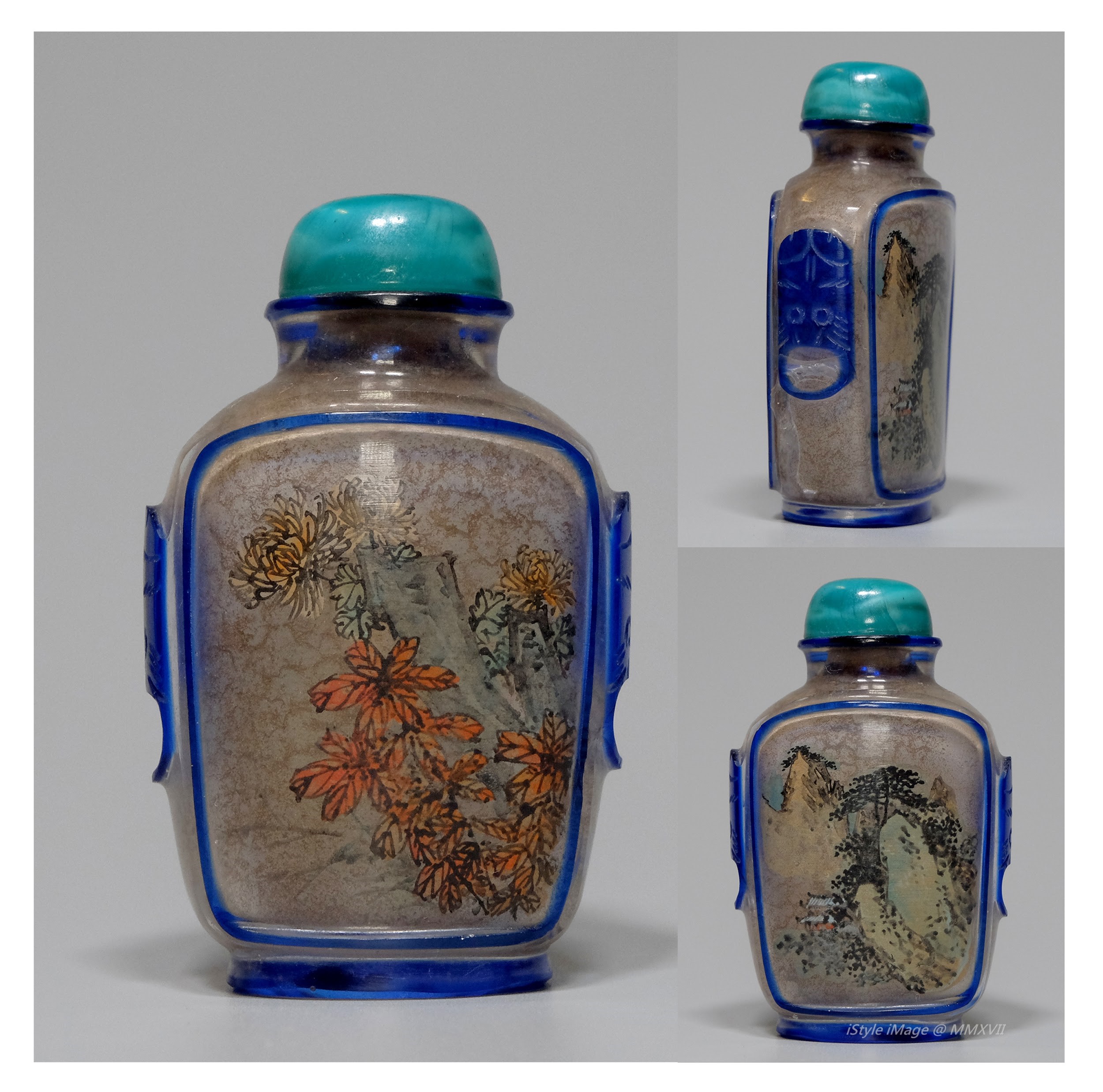 <br><h4>Lot 85 : A very unusual and fine inside-painted crystal snuff bottle (late Qing dynasty to Republic period)</h4>
				  Of flattened rectangular form and blue overlay frame, rising from a flat oval base, flanked by blue overlay ring handles issuing from lion masks, intricately painted on the interior of both sides with mountainous and flowering landscape.  With turquoise type glass stopper, and spoon.
					<br>Measurements (H) high 6.6 CM, (T) thick 2 CM, (W)width 4.3 CM<br><br><br>非常罕見和精細的內繪水晶煙壺  ( 晚清至民國時期 )<br>扁平長方形壺，藍色疊層框，從平坦的橢圓形基座上升，兩側是藍色疊層獅子環手柄，內部繪有山景和花景。 配綠松石型玻璃塞和勺子。<br>尺寸(H)高 6.6 厘米, (T)深 2 厘米, (W)濶4.3 厘米