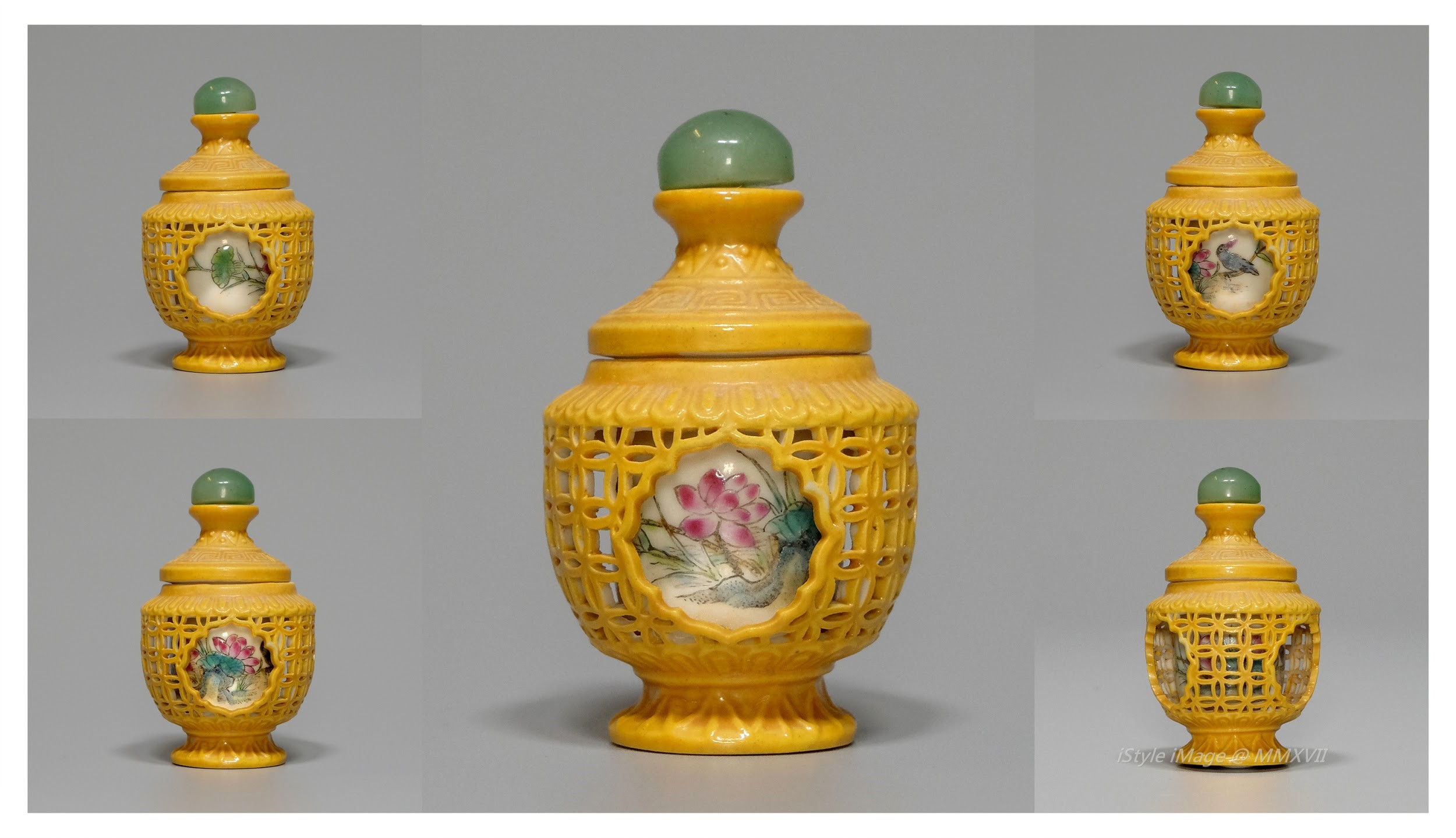 <br><h4>Lot 110 : An rarely exceptional fine and delicate QianLong style famille-rose pierced decoration snuff bottle ( late Qing dynasty to Republic period )</h4>
				  This exceptional fine and rare famille-rose pierced decoration bottle  make alike vase shape, the inner cylinder shaped bottle famille-rose painted with beautiful lotus flower and bird by the blooming flower branch; the outer globular form finely pierced with Chinese 'coin pattern' with fine yellow glaze.  With yellow glass stoppers, and spoon. 
					<br><br>The porcelain art of China reached to the peak era on Qianlong period, according to the complexity, superb technology, material supply and time limitation requirement set by the emperor Qianlong, the successful results from A.D.1743 were unprecedented.
The royal porcelain make under the innovation and supervision by the Royal Porcelain Bureau Governor Tang Ying, each of these product were carrying royalty, fascinating, impressively beautiful, elegant, and unique character. Every creation were unprecedented.
All of these collection were highly treasure in Imperial Court in Qing Dynasty, as considering the most important category. With very scarce production, every product were only make one pair generally, and no more than a few pairs. The vast majority of these collection were keeping in the Qingqing Palace, a small number of the others were keeping in Yuanmingyuan (Imperial Summer Court).
Nowadays, we can find the relics in Taipei Palace Museum, and in the Beijing Palace Museum, also the Nanjing Museum. Those others  spread in outside of China are looted by the invaders after the Yuanmingyuan (Imperial Summer Court) fall out in 'Opium War' on A.D.1860, or the imitation.
					<br>Measurements (H) high 5.5 CM,  (W)width 3.5CM<br><br><br>特別高雅和罕見精巧的乾隆風格粉彩 '玲瓏套瓶' 煙壺  ( 晚清至民國時期 )<br>這特別而高雅，罕見又精巧的粉彩 '玲瓏套瓶' 裝飾成相似花瓶形狀，內圓筒形瓶子以粉彩釉上美麗的蓮花和喜鵲站在花朵綻放的花枝; 外部球形體細膩的用 '玲瓏' 刺穿方法用黃釉料做中國 '古錢' 圖案。 配綠色玻璃塞子和勺子。<br>尺寸(H)高 5.5 厘米, (W)濶 3.5 厘米
