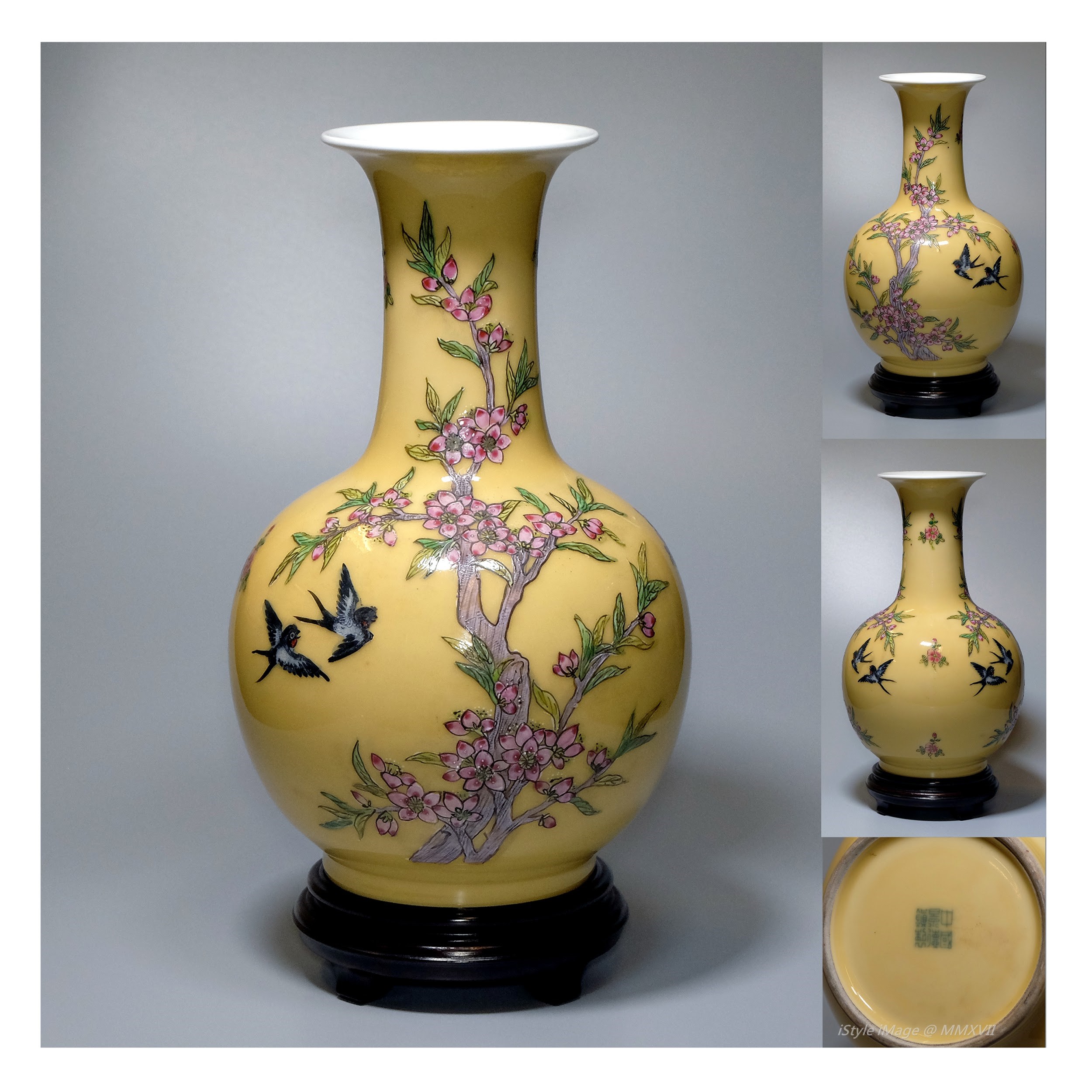 <br><h4>Lot 14 : An elegant famille-verte globular-shaped form vase  ( 50's last century )</h4>
					The globular-shaped body gently to an elegant slender neck with the everted rim, enameled with two flying swallows to the blooming magnolia flower tree reserved on a bright amber yellow ground.  The base glazed inscribed with six character [Zhōngguó jǐngdézhèn zhì]   
					<br>Measurements (H) high 28 CM, (W)width 17 CM<br><br><br>優雅的五彩黃球形花瓶  ( 上世紀五十年代 )<br>五彩球形的瓶身輕輕地到一個優雅細長的頸部與外翻邊緣，一對燕子飛到盛開的玉蘭花樹，瓶身完全繪上明亮的琥珀黃色。 底款[中國景德鎮製]<br>尺寸(H)高 28 厘米,  (W)濶17 厘米