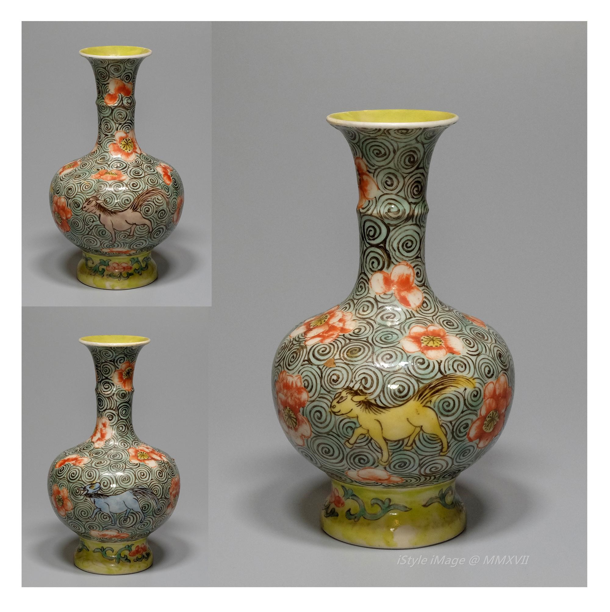 <br><h4>Lot 16 : An exquisite and elegant ovoid form famille-verte vase  ( 50's last century )</h4>
					The exquisite and finely potted body of elegant ovoid form, supported on a splayed foot, painted with two running horses amidst magnolia and scrolling foliage, and a classic scroll foot.
					<br>Measurements (H) high 13.5CM (W)width 7.5CM<br><br><br>精緻優雅的卵形五彩花瓶  ( 上世紀五十年代 )<br>精美優雅卵的形瓶身，支撐在向外微斜的腳上，生動地繪上兩匹在木蘭花和滾動樹葉中的奔馬。<br>尺寸(H)高 13.5 厘米,  (W)濶7.5 厘米