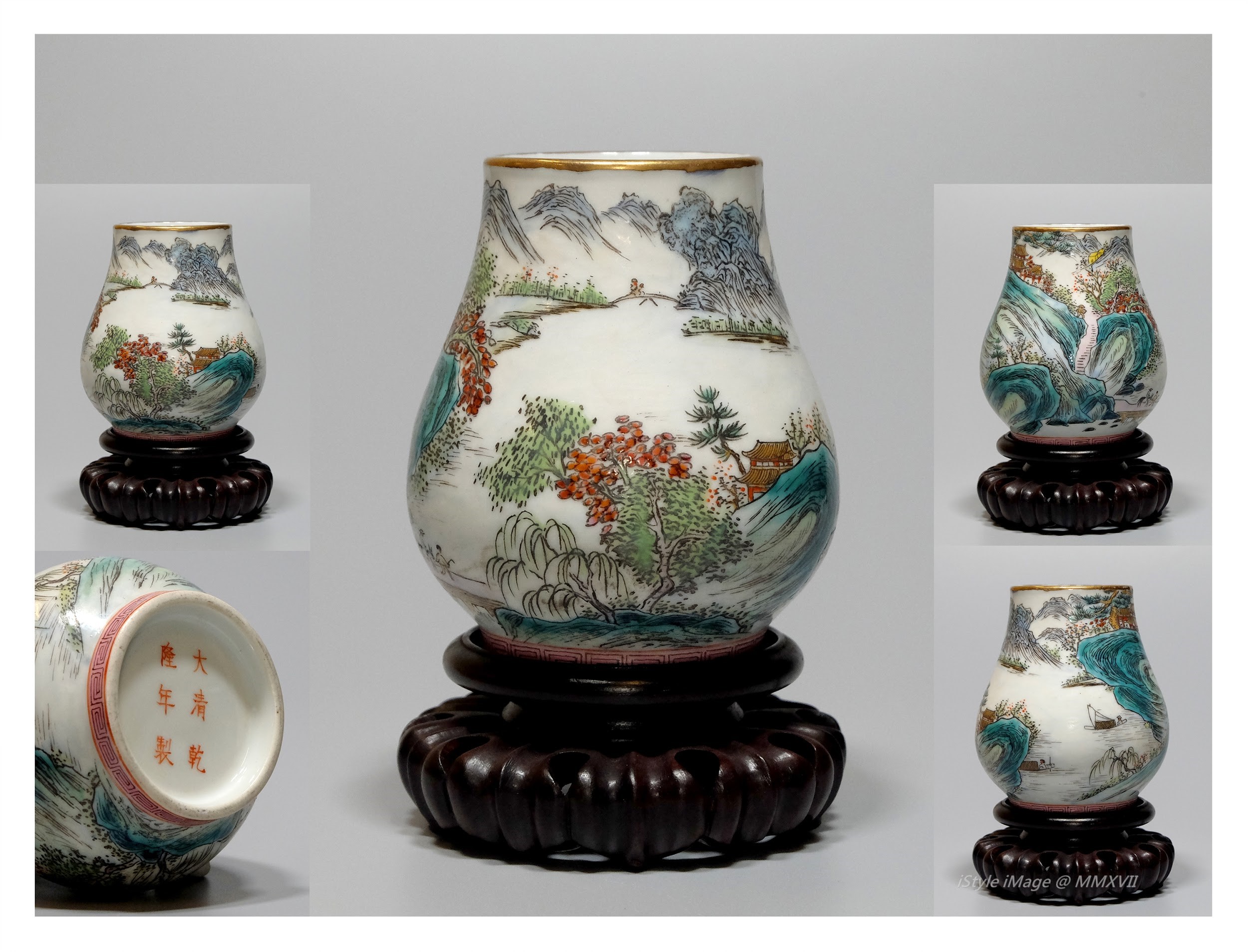 <br><h4>Lot 32 : An elegant and unusual famille-rose cup ( QianLong marks but early Republic )</h4>
					The globular body rising from a short foot to a short neck, gilt rim, painted with beautiful and attractive colourful landscape scene.  
					<br>The base glazed inscribed with six character [Dà qīng qiánlóng nián zhì]
					<br>Measurements (H) high 8.5 CM, (W)width 7.1 CM<br><br><br>一個優雅不凡的粉彩杯( 底款 [大清乾隆年製], 但屬民國早期 )<br>球體杯身從短腳上升到短身杯口，鍍金邊緣，粉彩畫畫上美麗而迷人的多彩山水景觀。<br>尺寸(H)高 8.5 厘米,  (W)濶7.1 厘米