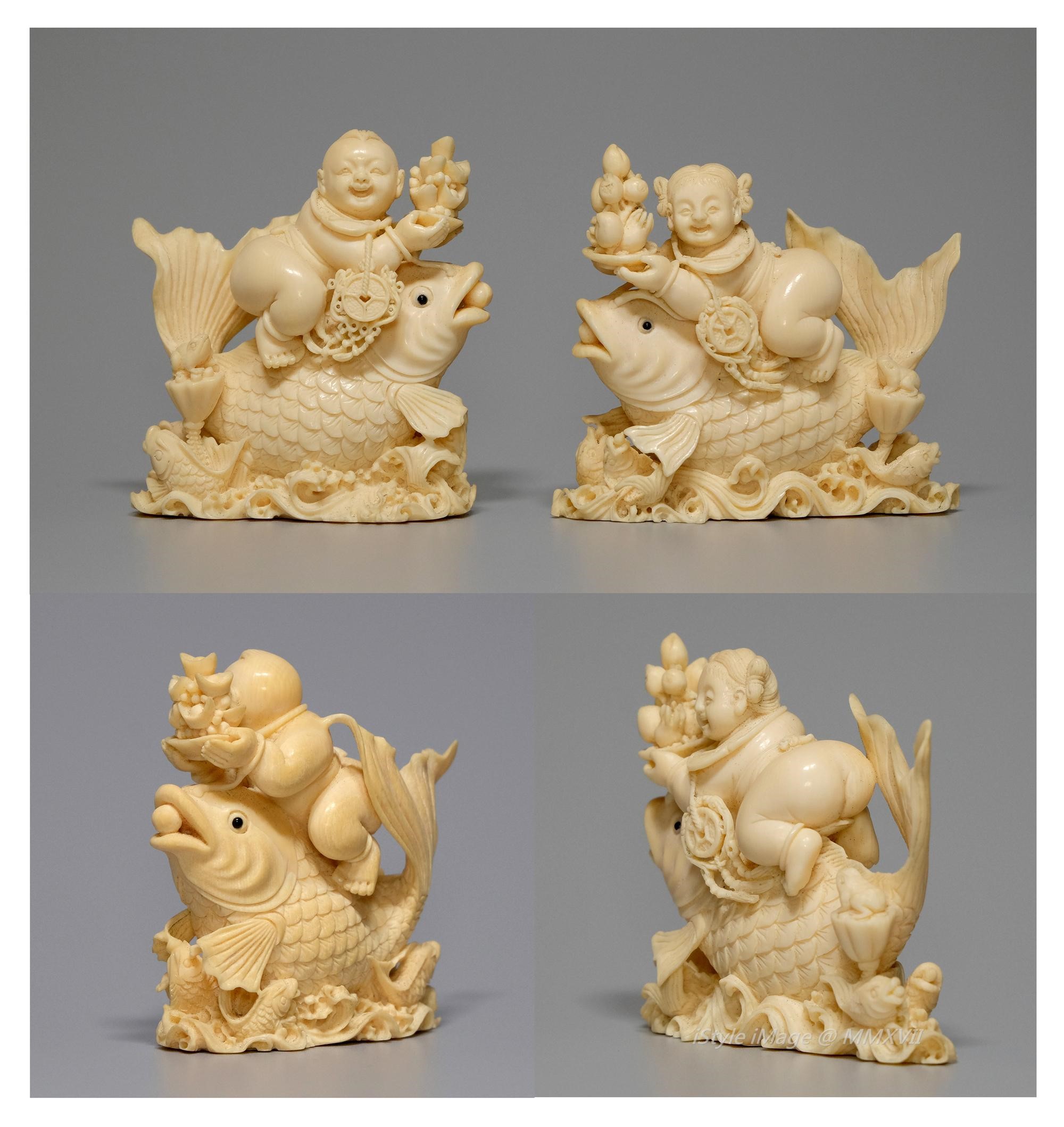 <br><h4>Lot 54 : A very fine charming pair of boy and crap ivory display</h4>
					The pair ivory are both in very good creamy colour, nearly perfect, each one carved in the form of a boy seated atop on a carp in a pair. Happy boy with crap means to 'happiness and good luck' in Chinese culture.
					<br>Measurements (H) high 6.7CM, (T) thick 2.3CM, (w)width 6.1CM and (H) high 6.3CM, (T) thick 2.2CM, (w)width 6CM <br><br><br>一對非常吸引的 '孩童鯉魚' 巧工象牙擺件<br>這對象牙都是非常好的奶油色，幾乎完美，每一個雕刻一孩童坐在鯉魚上。孩童和鯉魚在中國文化中意味著“幸福快樂”。<br>尺寸(H)高 6.7 厘米, (T)深2.3 厘米 , (W)濶6.1 厘米 及 (H)高 6.3 厘米, (T)深2.2 厘米 , (W)濶6 厘米