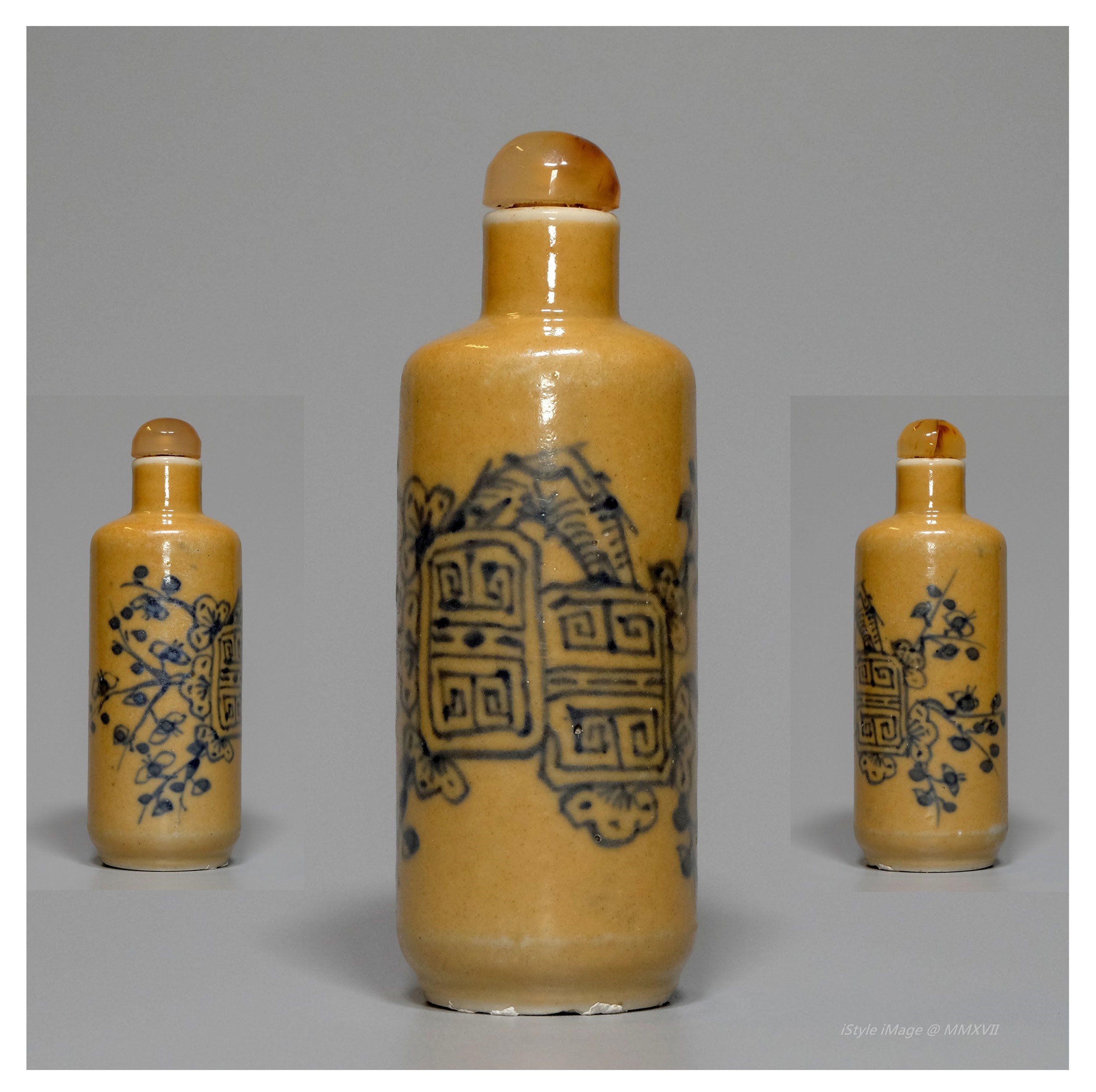 <br><h4>Lot 99 : A beautiful and fine yellow glazed snuff bottle  ( Qing dynasty )</h4>
					Of cylindrical body, painted in attractive yellow glaze ground with flowering motif. With pink agate stopper, and spoon. 
					<br>Measurements (H) high 8.8 CM,  (W)width 3 CM<br><br><br>美麗精細的黃釉煙壺 ( 清朝 )<br>圓柱體，黃釉地畫上迷人的開花圖。 配粉紅瑪瑙塞，勺子。<br>尺寸(H)高 8.8 厘米, (W)濶 3 厘米