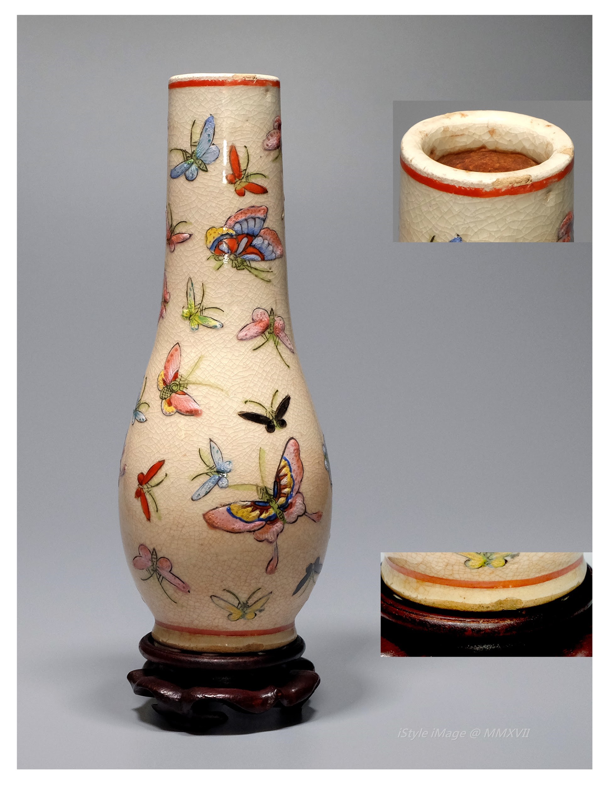 <br><h4>Lot 10 : An elegant ovoid middle body stem shaped famille-rose stem vase ( 50's last century )</h4>
							An elegant ovoid middle body stem shaped famille-rose stem vase painted with fancy colour dancing butterflies. [minor flaw]   
							<br>Measurements (H) high 17 CM, (W)width 6.5 CM<br><br><br>卵身幹形粉彩花瓶 ( 上世紀五十年代 )<br>優雅的卵身幹形粉彩花瓶，瓶身繪上彩色飛舞蝴蝶。 [微小瑕疵]<br>尺寸(H)高 17 厘米,  (W)濶6.5 厘米