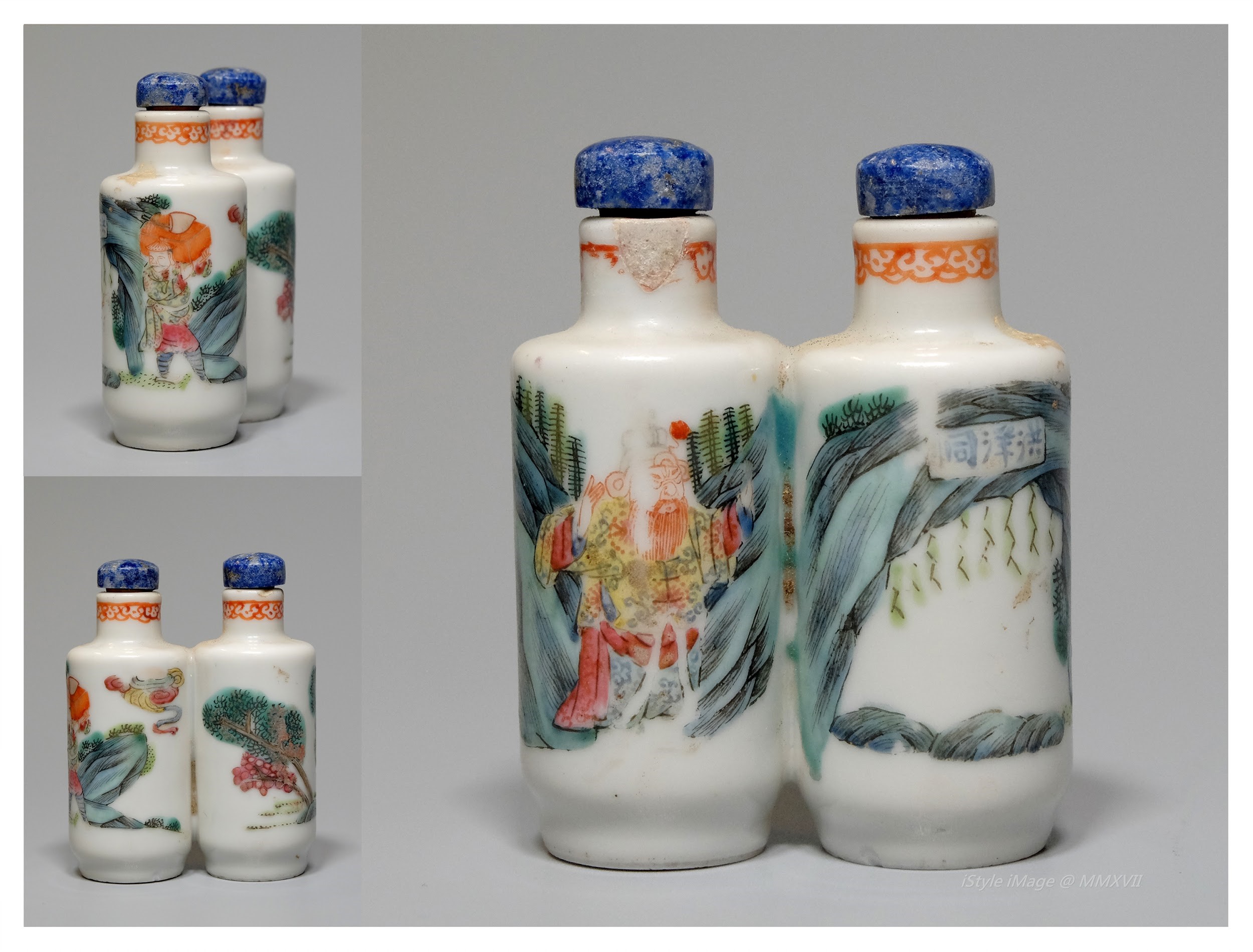 <br><h4>Lot 100 : An interesting twinned famille-rose snuff bottle  ( Republic period )</h4>
							This interesting twinned famille-rose bottle, painted with a Chinese opera performer by a trees and mountainous scene. With lapis stoppers, and spoon. [minor flaw on rim]
							<br>Measurements (H) high 6.5 CM, (T) thick 2.3 CM, (W)width 4.5CM<br><br><br>有趣的相連成對的粉彩煙壺  ( 民國時期 )<br>這個有趣的相連成對的粉彩煙壺，繪有中國歌劇表演者在樹木山景布景作表演。 配青金石塞子和勺子。 [邊緣有小缺陷]<br>尺寸(H)高 6.5 厘米, (T)深 2.3 厘米, (W)濶 4.5 厘米