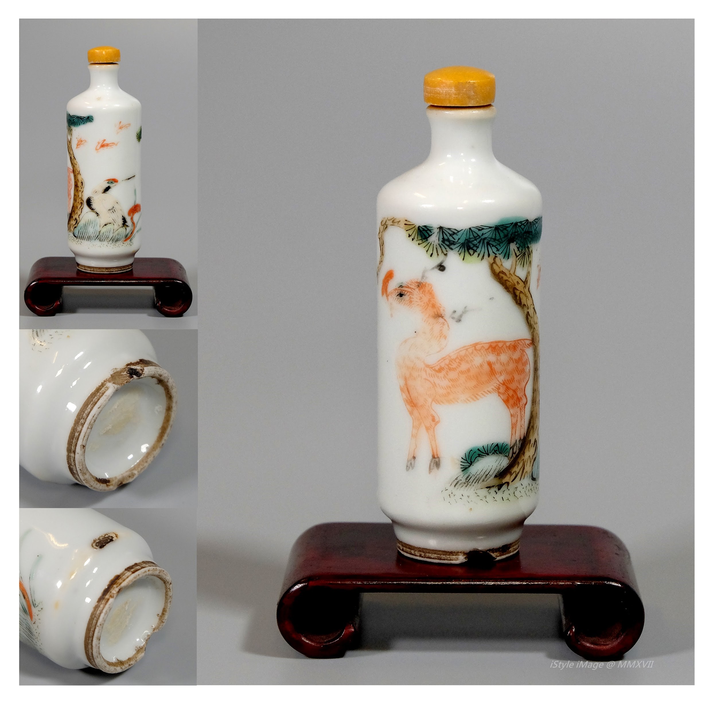 <br><h4>Lot 101 : A beautiful famille-rose 'dear and crane' snuff bottle ( late Qing dynasty to Republic period )</h4>
							Of cylindrical body, beautiful famille-rose painted dear and crane under a peaceful pine tree landscape, representing desire of the longevity and good luck. With orange glaze stopper, and spoon. [minor flaws on bottom and rim] 
							<br>Measurements (H) high 8.6 CM,  (w)width 2.6 CM<br><br><br>美麗的粉彩 '鹿和鹤' 煙壺  ( 晚清至民國時期 )<br>圓柱體，畫上美麗的粉彩 '鹿和鹤' 在平和的松樹景，代表著長壽和祝福的願望。配橙色釉塞和勺子。 [底部和邊緣有小缺陷]<br>尺寸(H)高 8.6 厘米,  (W)濶 2.6 厘米