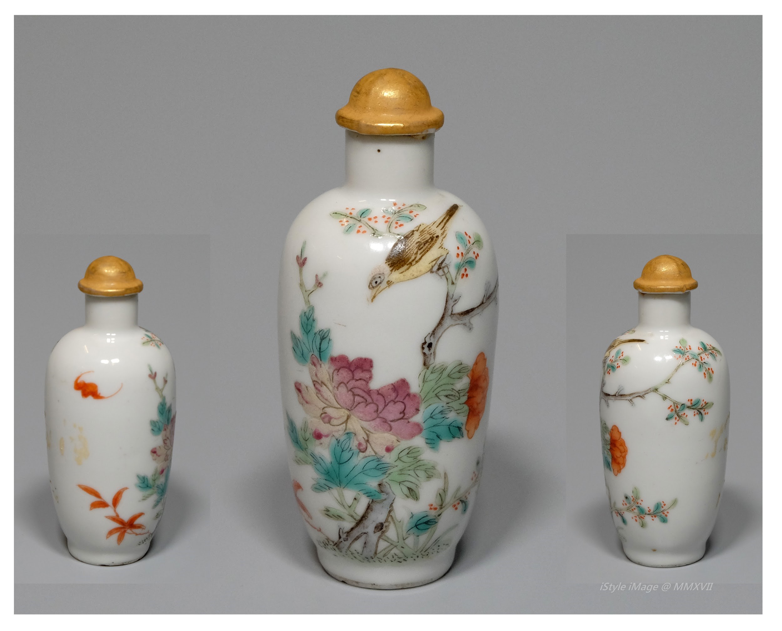 <br><h4>Lot 102 : A famille-rose beautifully，painted 'bird and peony' snuff bottle ( late Qing dynasty to Republic period ) </h4>
							An elongated pear-shaped famille-rose beautifully painted a bird up above a flowering tree looking at the peony garden. With gilt stopper, spoon missed.  
							<br>Measurements (H) high 7.5 CM,  (W)width 3 CM<br><br><br>美麗的粉彩 '鳥和牡丹' 煙壺  ( 晚清至民國時期 )<br>細長的梨形壺，釉上粉彩，美麗地畫一隻鳥站在一棵開花的樹上，看著牡丹花園。 配鍍金塞，缺勺子。<br>尺寸(H)高 7.5 厘米,  (W)濶 3 厘米