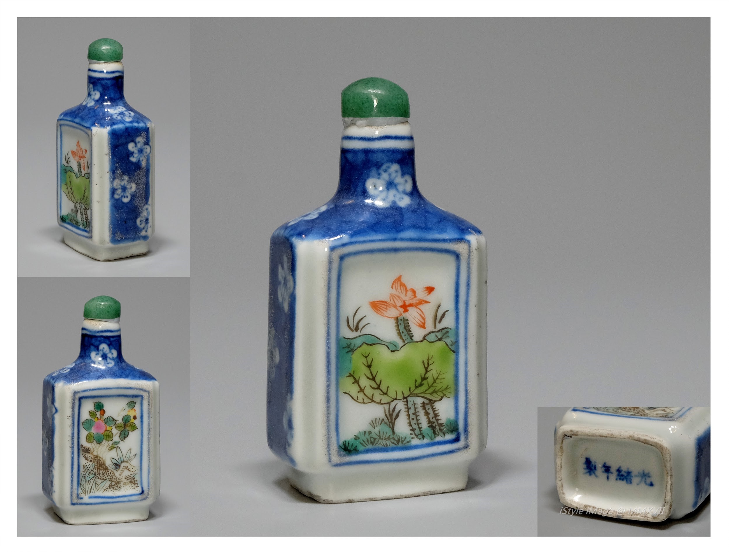 <br><h4>Lot 103 : An unusual shaped rectangular famille-rose snuff bottle ( late Qing dynasty to Republic period )</h4>
							This bottle skillfully make in the form of flattened rectangular shaped and thick frame, painted with lotus flower. With green glass stopper but not function well. With GuangXu marks but late Qing dynasty to Republic period
							<br>Measurements (H) high 6.8 CM, (T) thick 2.1 CM, (W)width 3.3CM<br><br><br>特式的長方形粉彩煙壺 ( 晚清至民國時期 )<br>這個煙壺巧妙地做成扁平的長方形和厚實的框架，畫上荷花。配綠色玻璃塞，但功能不好。底款 [光緒年製]，但屬晚清至民國時期<br>尺寸(H)高 6.8 厘米, (T)深 2.1 厘米, (W)濶 3.3 厘米