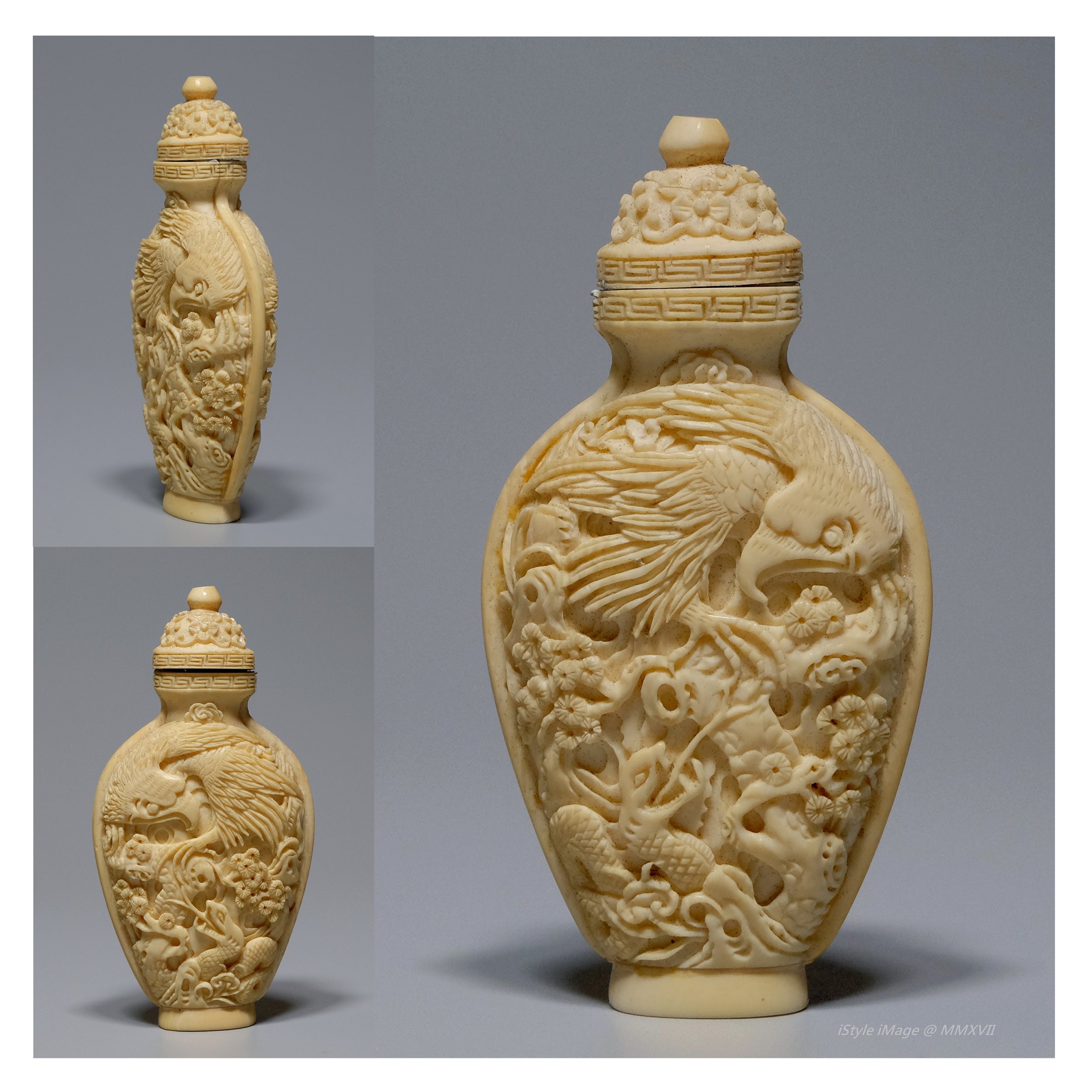 <br><h4>Lot 112 : A fine elegant flattened pear-shaped ivory 'dragon and phoenix' snuff bottle  ( Republic period )</h4>
							This finely carved elegant shaped bottle, carved in high relief with a pair of dancing dragon and phoenix amidst fiery clouds, full of happiness and peace. With matching clouds motif ivory stopper, and spoon.
							<br>Measurements (H) high 8CM, (T) thick 1.5CM, (W)width 4.3CM<br><br><br>精美優雅的扁平梨形象牙 '龍鳳' 煙壺 ( 民國時期 )<br>這精美優雅形狀的'龍鳳' 煙壺，在高度的浮雕雕刻，活現一對飛舞在雲彩的龍鳳，充滿幸福與和平。 配合雲彩圖案象牙塞和勺子。<br>尺寸(H)高 8 厘米, (T)深 1.5 厘米, (W)濶 4.3 厘米