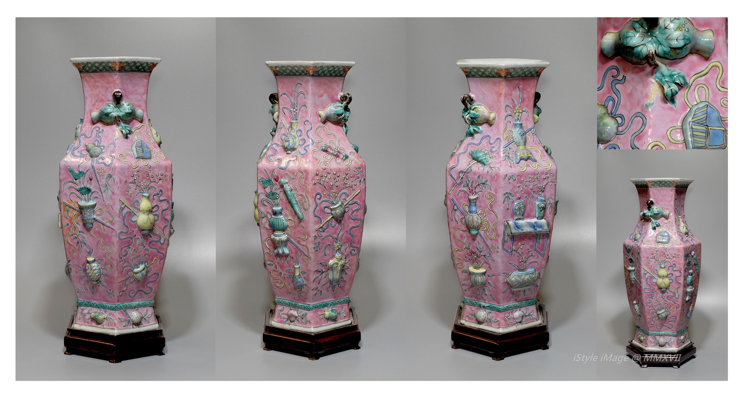 <br><h4>Lot 2 : A pink ground large famille-rose vase  ( 50's last century )</h4>
							The tapering body divided into six facets, rising from a stepped foot to a tall waisted neck with everted rim, decorated overall on the exterior with different shaped lucky symbol little flower pots.  [A chip leaf on the neck.]
							<br>Measurements (H) high 40 CM, (T) thick 15 CM, (W)width 16.5 CM<br><br><br>粉彩六方長頸瓶   ( 上世紀五十年代 )<br>六面體粉彩花瓶，從階梯狀的腳上升到花瓶的頸部，頸部邊緣外翻，瓶體裝飾著寓意吉祥的不同形狀小花瓶。 [頸部一片葉損毀]<br>尺寸(H)高 40 厘米, (T)深15 厘米,  (W)濶16.5 厘米
