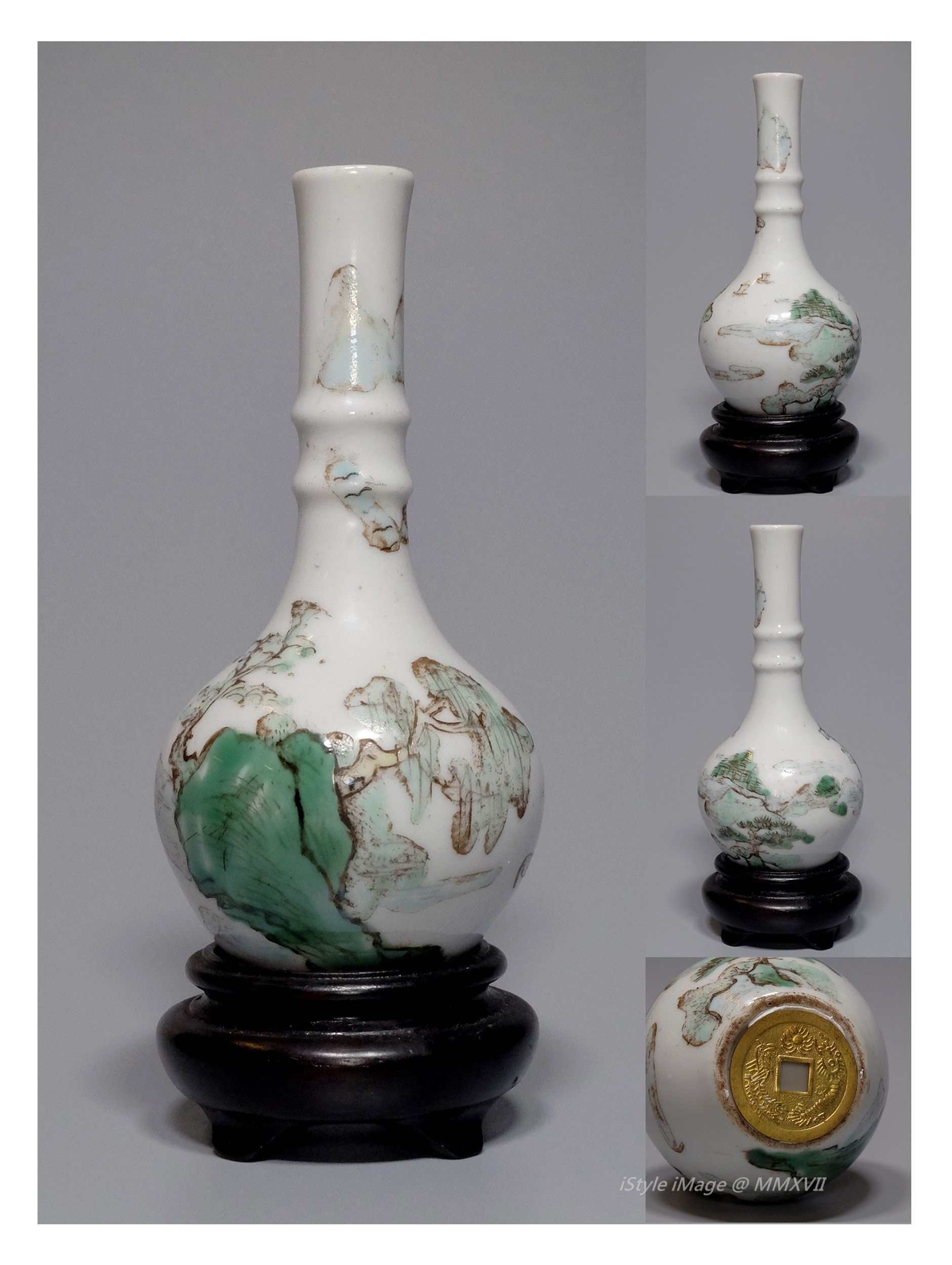 <br><h4>Lot 3 : An unusual Famille-rose bamboo neck landscape vase  ( 50's last century )</h4>
							The compressed globular body to a long, elegant 'bamboo' (means to victory, adhere to justice, anyone with very high culture, taste and cultivation standards). Waisted cylinder neck, delicately enameled surround the body with beautiful landscape scene, with a coin under the foot base added after 80's last century.
							<br>Measurements (H) high 11 CM, (W)width 5 CM<br><br><br>一個精緻不凡的粉彩竹節風景花瓶 (上世紀五十年代 )<br>球體瓶身上升到長而優雅的“竹節”頸部（意味著勝利，堅持正義，任何有高文化，品味和修養的人)。精美粉彩風景畫圍繞瓶身，一枚硬幣在瓶底在上世紀八十年代附加。<br>尺寸(H)高 11 厘米,  (W)濶5 厘米