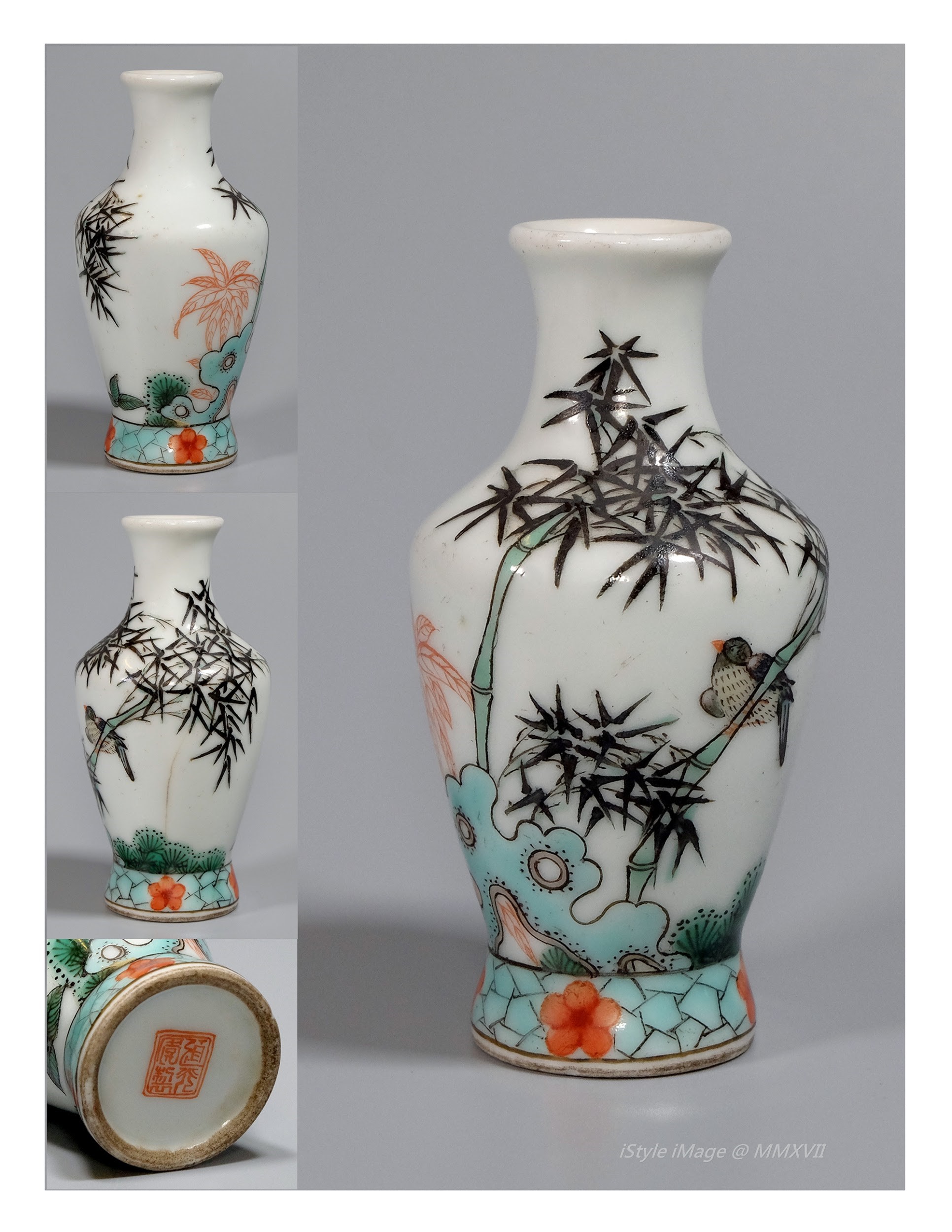 <br><h4>Lot 30 : An attractive elegant famille-rose ovoid shaped vase.  ( with DaoGuang marks but early Republic )</h4>
							This famille-rose vase enameled with an attractive bird on the bamboo tree scene, has very elegant slightly flat oval-shaped body rising from the masonry work painting bottom to a high-waist cylinder neck and everted rim.  
							<br>The base glazed inscribed with four character [DaoGuang Nián zhì] 
							<br>Measurements (H) high 9 CM, (W)width 4.6 CM<br><br><br>優雅吸引的粉彩卵形花瓶  ( 底款[道光年製]，但屬民國早期 )<br>這個粉彩卵形花瓶，有非常優雅的略微扁平的橢圓形身體，從砌體繪畫的底部升高到腰和圓柱頸部到外翻邊緣，釉上竹樹上的鳥和樹一下花卉。  底款[道光年製]<br>尺寸(H)高 9 厘米,  (W)濶4.6 厘米