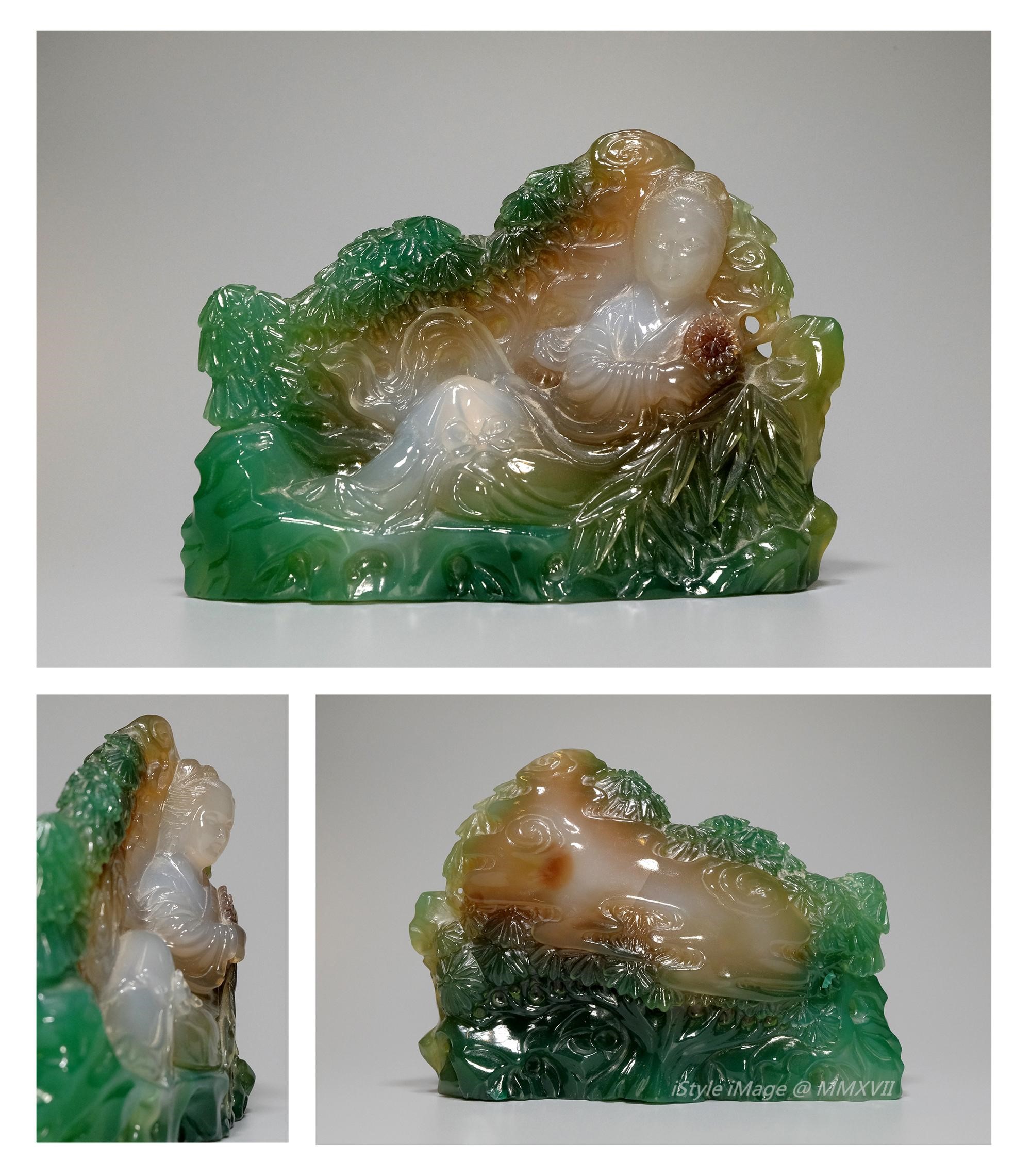 <br><h4>Lot 38 : A yellowish-brownish-green agate beauty lady</h4>
							A lying beauty lady, turned her body to the left, and resting on her left leg, happily to pick a flower and to watch the flower field scene. It is seldom to find well craved good quality agate with no smoky imperfection like this lot. Because very often the transparency of agate is not good,  texture is very hard; fine agate with good craftsmanship need to have dozens of processes, of course, its value is higher.
							<br>Measurements (H) high 9.5CM, (T) thick 4.5 CM, (W)width 13.9 CM<br><br><br>淡黃棕色綠瑪瑙美女<br>躺著的美女瑪瑙作品，美女的身體左轉，擱在她的左腿，摘取一朵花，愉快地觀賞花景。一般很少找到好雕工又好質量的瑪瑙。因為瑪瑙透明度不高，有混沌，質地很硬；而這光潔細潤的瑪瑙製作起來需要有幾十道工序，自然，它的價值也就越高。<br>尺寸(H)高 9.5 厘米, (T)深 4.5 厘米,  (W)濶13.9 厘米
