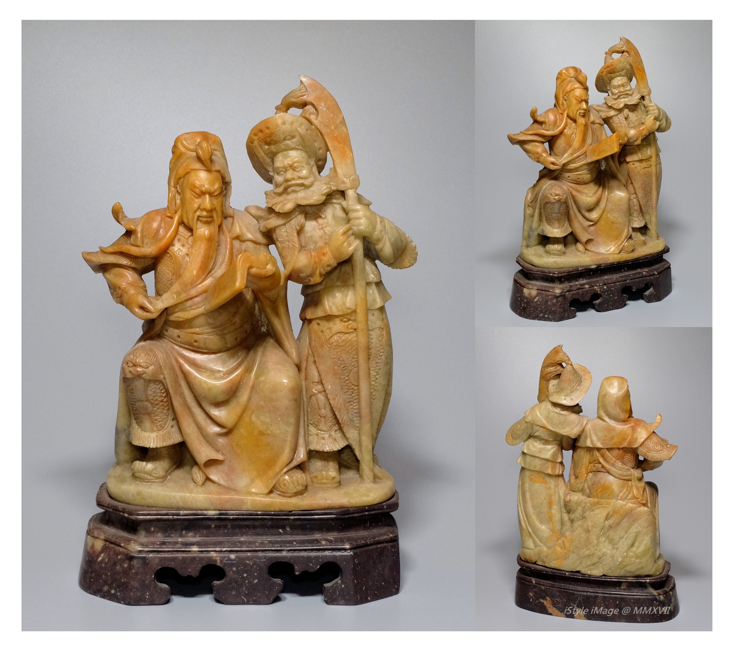 <br><h4>Lot 39 : A well carved respectful 'General Guan' soap stone statue</h4>
							'General Guan' --- a respectful hero and chief military general in Three Kingdoms period, represent to 'loyalty'. This soap stone 'General Guan' statue, well craved 'General Guan' seated depicted enthroned with stern expression and teasing at his beard as he holds forth a scroll historical book ''Chūnqiū''.
							<br>Measurements (H)high22.5CM, (T) thick 6.5 CM, (w)width 15.5 CM<br><br><br>雕工莊重的滑石關公侯像<br>關公侯---三國英雄人物，代表忠義。滑石雕像的關公侯坐著，捧著鬍子，莊重的閱讀 '春秋' 。<br>尺寸(H)高 22.5 厘米, (T)深 6.5 厘米,  (W)濶15.5 厘米