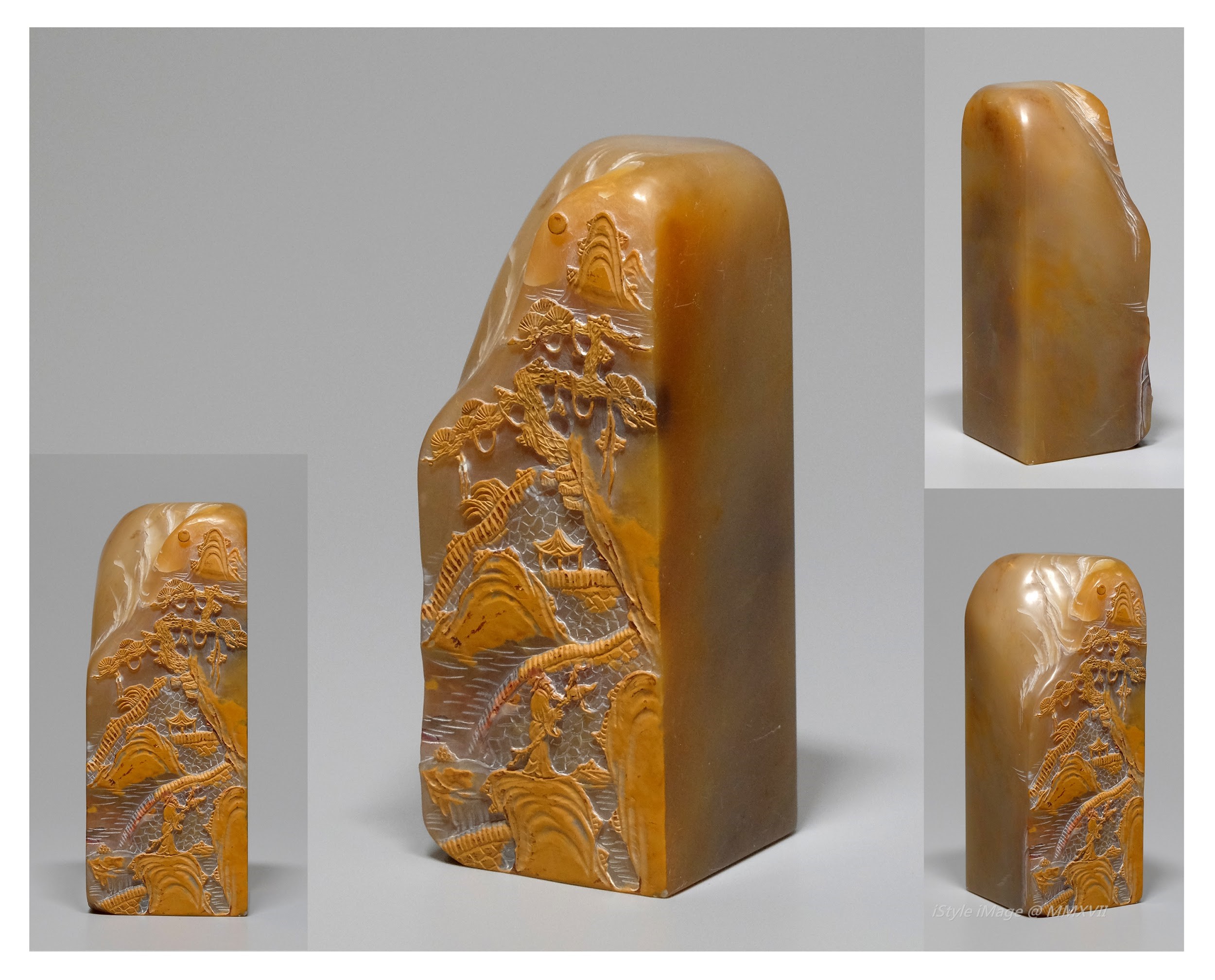 <br><h4>Lot 55 : A fine inscribed liparite quartz seal chop</h4>
							This is a very fine liparite quartz use for seal chop, inscribed with luxuriant landscape scene, cleverly to use the quartz texture to be the waterflows, trees, and mountains, besides the using of it's colour to highlight the landscape. 
Chops are easily to find for express blessings, congratulations to family member and friends too. In addition, besides the stone beauty, the seal culture always let the sculptor's craftsmanship adds many unique artistic flavors.
Very fine liparite red colour quartz were often to be used on imperial court and for imperial seal.
							<br>The Chinese unique 'thin inscription' carving culture is to use knife work technically do the most shallow in order to achieve the best image. If to use such carved portion stretched on the paper, then this painting can show, is the unique techniques compatible with sculpture and painting, also carrying the great Chinese cultural and artistic value.  
							<br>Measurements (H) high 9.5 CM, (L) length 3.3 CM, (w)width 3.3 CM<br><br><br>印石多為文人收藏把玩之用，故其中雕刻常暗藏典故，以表達祈福、祝賀、明志等寓意。除印石質美之外，雕刻家的技藝更替印章文化增添許多獨特的藝術風味。<br>以中華文化獨有的「薄意」雕刻為入刀最淺、意象最高的技法。若將雕有薄意的印石拓於紙，即顯現出一幅水墨畫，是為兼容雕刻及繪畫的獨特技法，極具文化藝術價值。<br>昌化石石質較壽山石、青田石稍硬，而在昌化石中的雞血石，因它的顏色像雞血一樣鮮紅，人們俗稱雞血石。它是石中精華，具有鮮紅艷麗、晶瑩剔透的特點，歷來跟瑪瑙、翡翠、鑽石一樣被人們所珍視，被譽為中華國寶。雞血石的發現與開採已有1000多年的歷史。<br>據考證，雞血石的開採始於明代，而盛名於清代，康熙、乾隆、嘉慶等皇帝十分賞識昌化雞血石，將其作為寶璽的章料。<br>昌化「雞血」、壽山「田黃」、青田「封門」合稱「印石三寶」。<br>尺寸(H)高 9.5 厘米, (L)長3.3 厘米 , (W)濶3.3 厘米