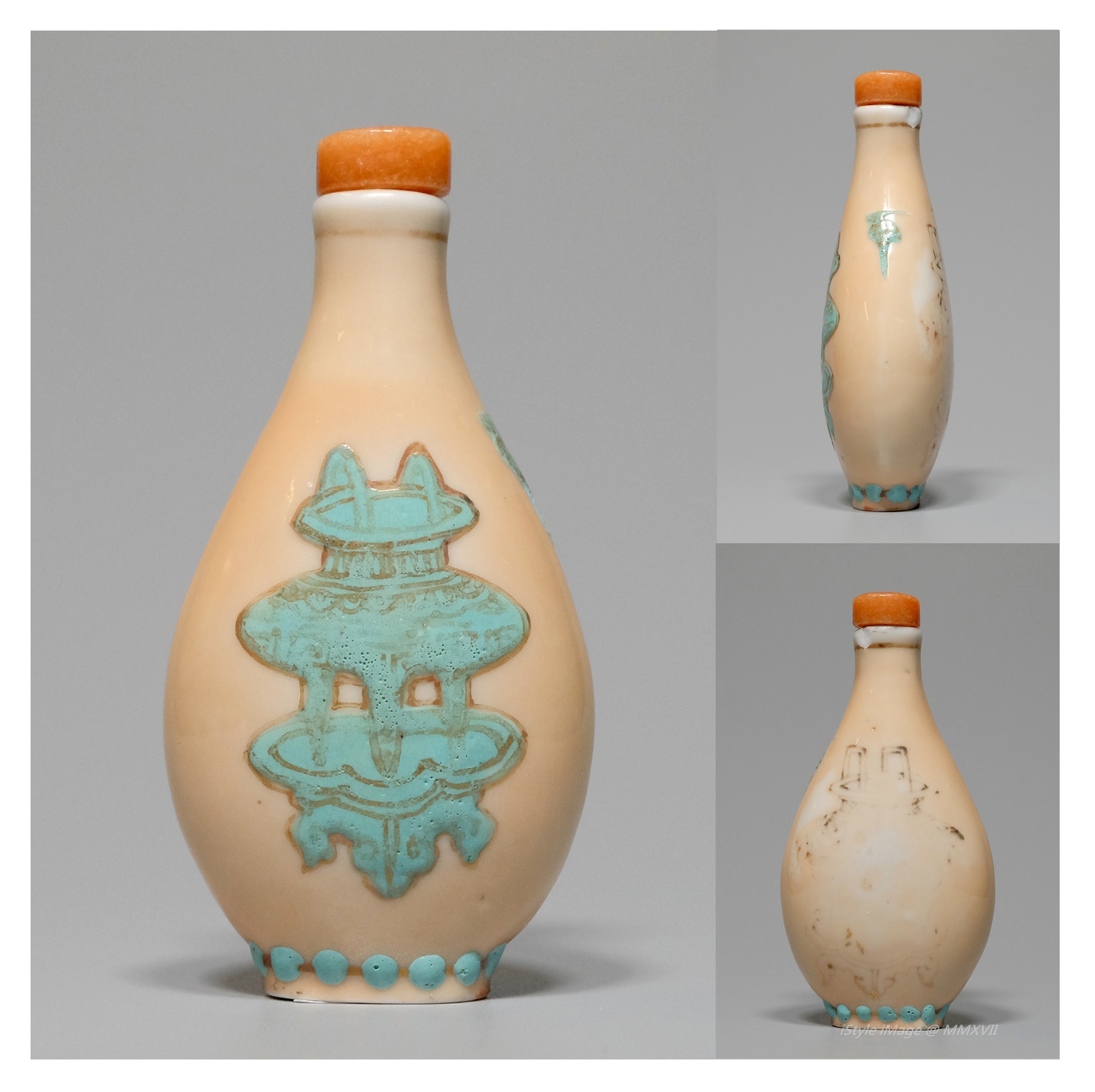 <br><h4>Lot 70 : A rare pink-glazed snuff bottle ( Republic period )</h4>
							Of flattened pear form, rarely painted in turquoise blue glaze censer on the pink-glaze ground, another painted image was missed on other side.  With pink glaze stopper, and spoon.
							<br>Measurements (H) high 8 CM, (T) thick 2 CM, (W)width 4 CM<br><br><br>罕見粉紅色綠松石釉煙壺 ( 民國時期 )<br>扁平的梨形壺體，用罕見綠松石藍色釉畫 '鼎' 在粉紅色釉上，另一面的畫已脫色。配粉紅色釉塞，和勺子。<br>尺寸(H)高 8 厘米, (T)深 2 厘米, (W)濶 4 厘米