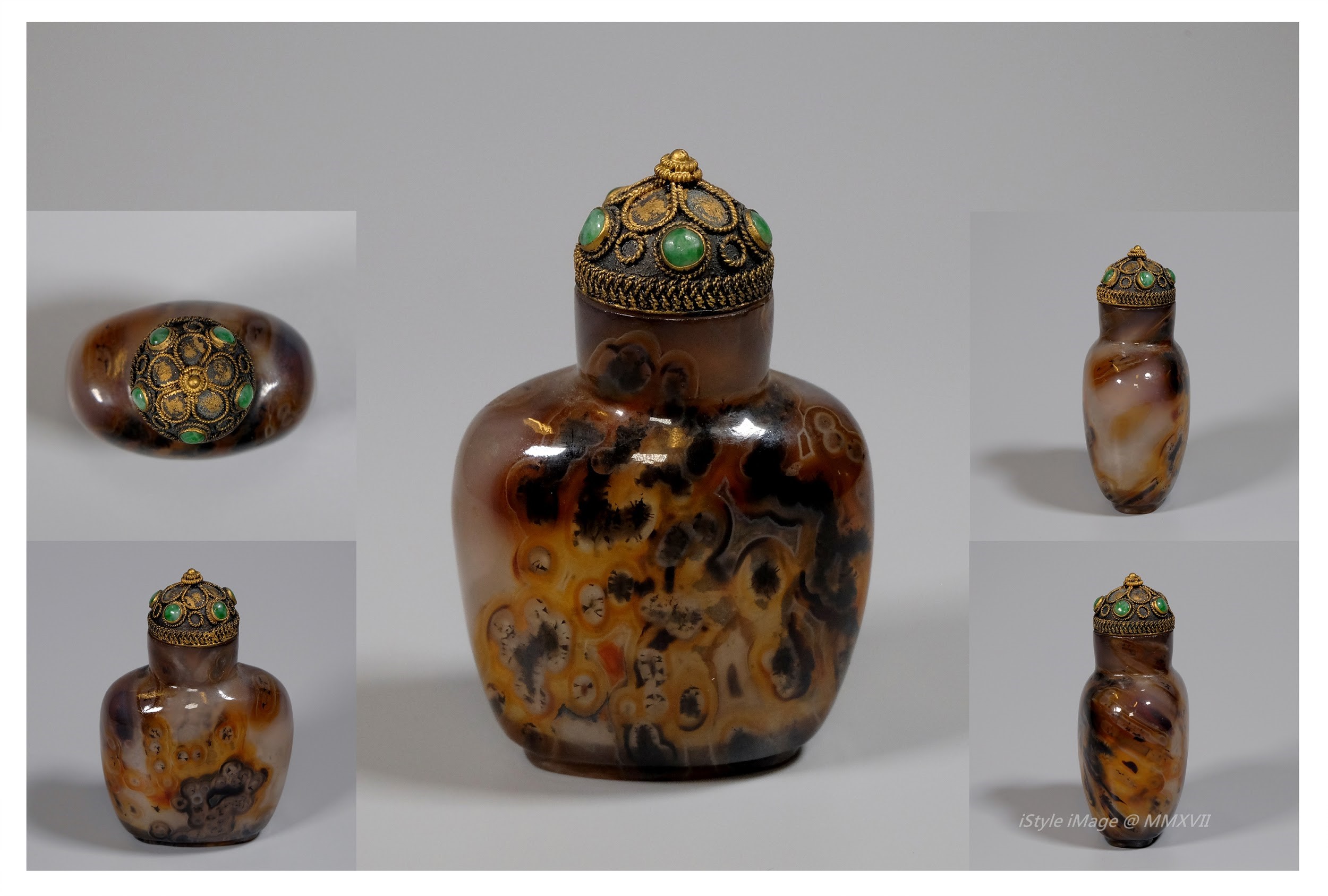 <br><h4>Lot 72 : A very fine 'nature landscape painting creation' agate snuff bottle ( Qing dynasty )</h4>
							Of flattened ovoid form, elegantly rising from the flat ovoid base to the gently rounded shoulders, surmounted by a short cylindrical neck, the rich dark-brown and orange-brown agate showing the landscape scene created by 'nature'.   The Mongolian style brass setting with five pieces 5 mm apple green jadeite stopper, with spoon.
							<br>Measurements (H) high 7.5  CM, (T) thick 3 CM, (W)width 5 CM<br><br><br>非常罕有奇妙的 '自然景畫' 瑪瑙煙壺  ( 清朝 )<br>扁平的卵形體瓶子，從扁平卵形基部優雅地升起到輕輕圓潤的肩膀和短圓柱形頸部，豐富的深棕色和橙棕色瑪瑙奇妙地展示了迷人的 '自然景畫'。 配蒙古風格的黃銅鑲嵌五件5毫米蘋果綠翡翠塞勺子。<br>尺寸(H)高7.5 厘米, (T)深 3 厘米, (W)濶5 厘米