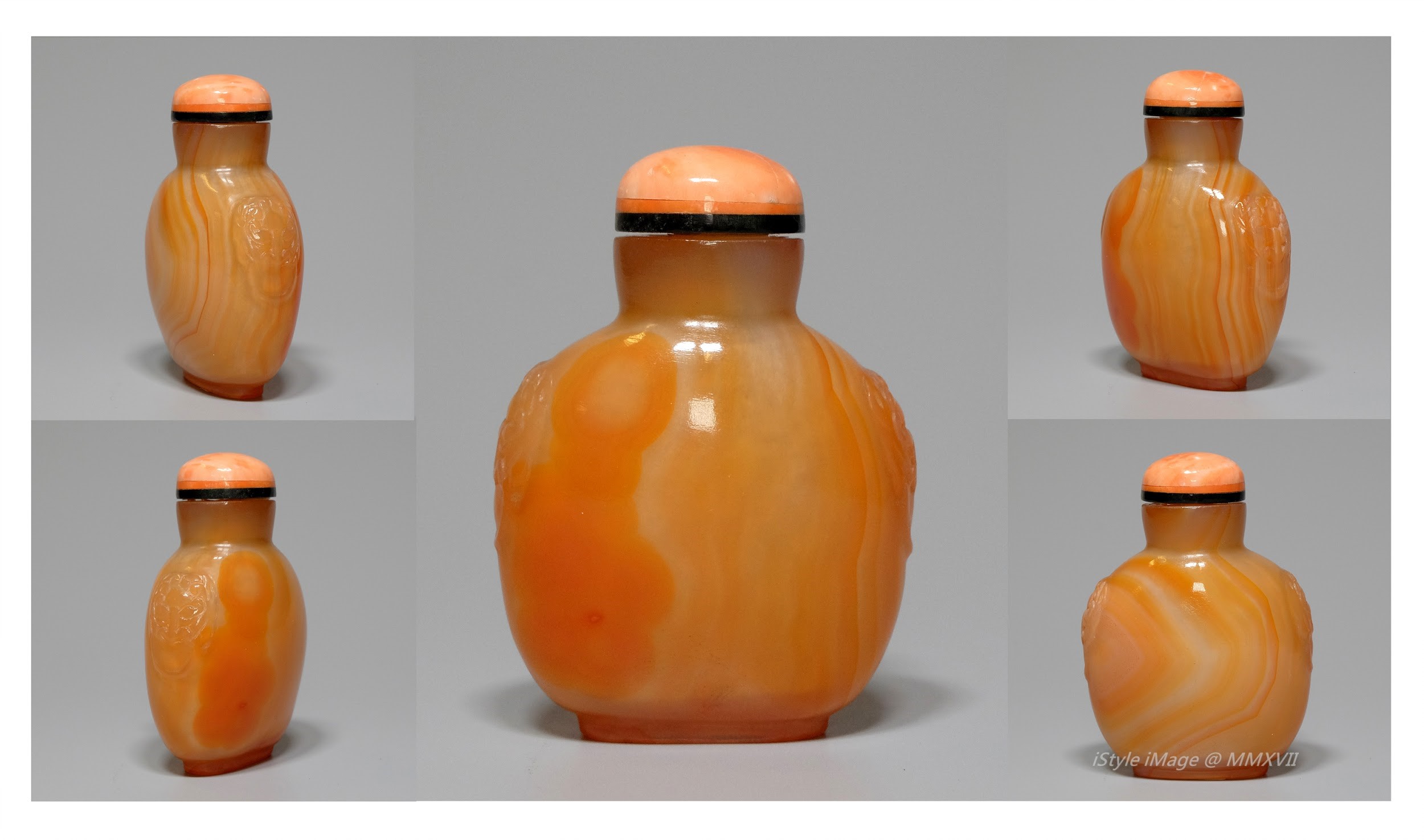 <br><h4>Lot 73 : An attractive bright orange colour agate snuff bottle  ( Qing dynasty )</h4>
							A globular bottle with the bright orange texture agate body, looks like a picture of beach tides in sunrise and sunset, with coral colour glass stopper, and spoon.
							<br>Measurements (H) high 6.3 CM, (T) thick 2.2CM, (w)width 4.5 CM<br><br><br>浪漫迷人的明亮橙色瑪瑙煙壺 ( 清朝 )<br>球狀的瓶子以明亮的橙色瑪瑙紋理展示，看起來像日出日落時海灘的潮汐，浪漫迷人，配珊瑚色玻璃塞勺子。<br>尺寸(H)高 6.3 厘米, (T)深 2.2 厘米, (W)濶4.5 厘米