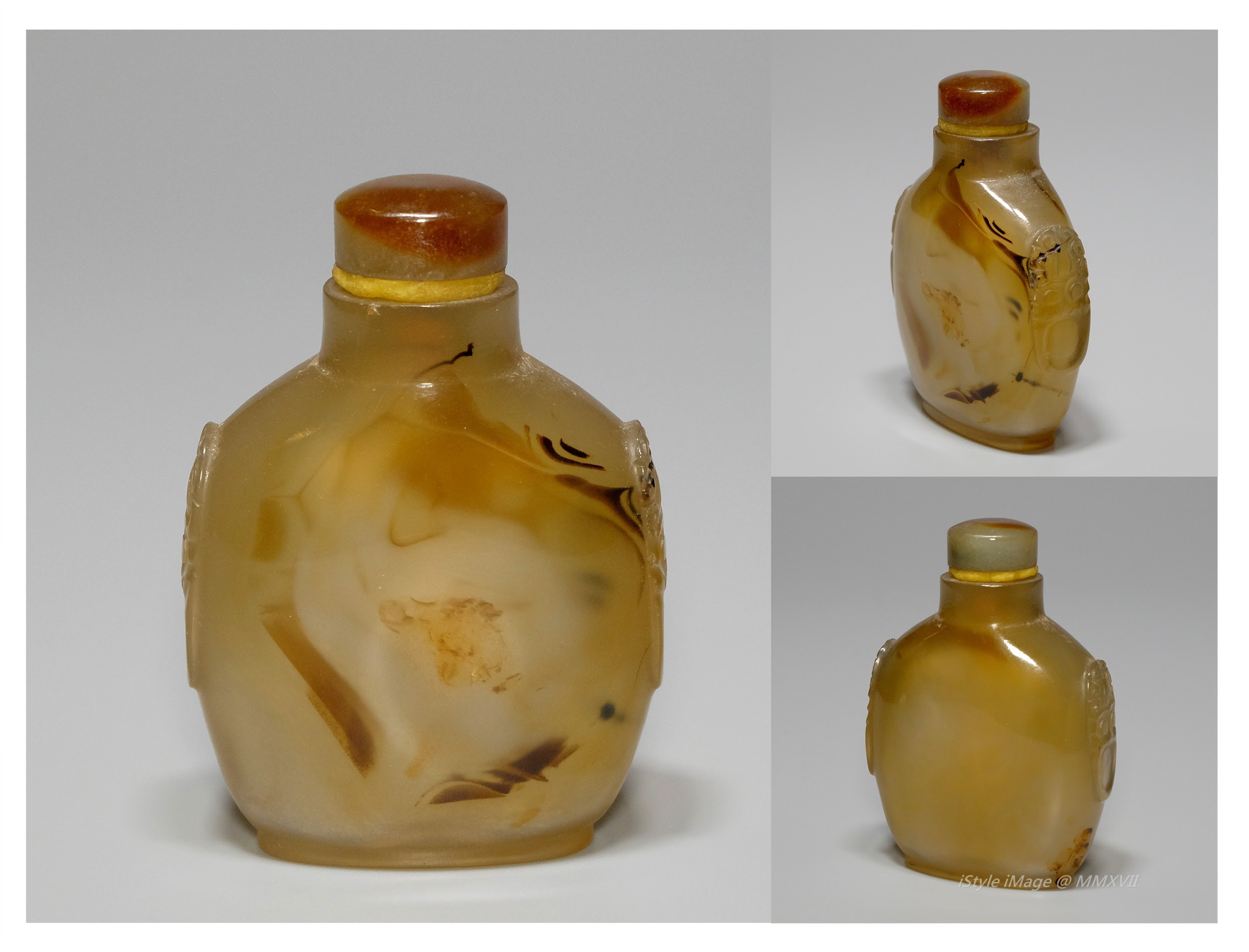 <br><h4>Lot 76 : A wonderful reddish brown colour agate carved 'monkey' snuff bottle ( Republic period )</h4>
							This attractive agate snuff bottle, cleverly using the brown red colour and stains, carving an active monkey. With green glass stopper, spoon.
							<br>Measurements (H) high 6.5  CM, (T) thick 2.5 CM, (W)width 5.5 CM<br><br><br>非常美妙的啡紅色瑪瑙雕刻 '猴子' 煙壺  ( 民國時期 )<br>這吸引的瑪瑙鼻煙壺，巧妙地利用啡紅色和彩斑，雕刻了一隻活躍的猴子。 配綠色玻璃塞勺子。<br>尺寸(H)高 6.5 厘米, (T)深 2.5 厘米, (W)濶5.5 厘米