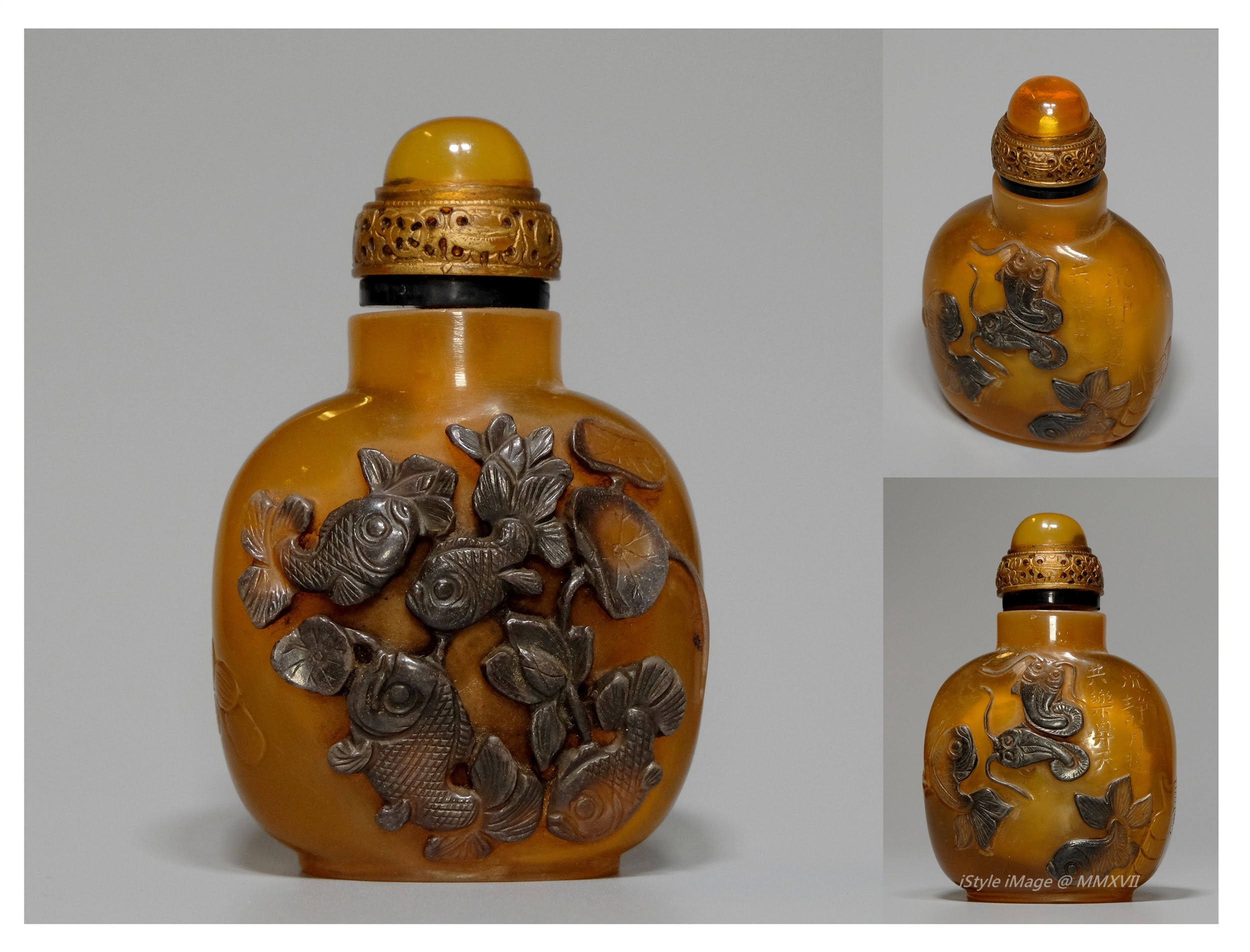 <br><h4>Lot 77 : A charming yellow agate snuff bottle ( Qing dynasty )</h4>
This charming yellow agate was cleverly using the intense brown colour agate skin carved in relief and pierced to the front and back face with charming little fishes amidst lotus. With pink crystal brass rim stopper, and spoon.
							<br>Measurements (H) high 8 CM, (T) thick 3 CM, (W)width 5.2 CM <br><br><br>迷人的黃色瑪瑙煙壺 ( 清朝 )<br>這迷人的黃色瑪瑙巧妙地用棕色的瑪瑙皮，用浮雕，在前後兩面，雕刻在蓮花中的迷人小魚。 配黃銅邊框粉紅色水晶塞和勺子。<br>尺寸(H)高 8 厘米, (T)深 3 厘米, (W)濶5.2 厘米