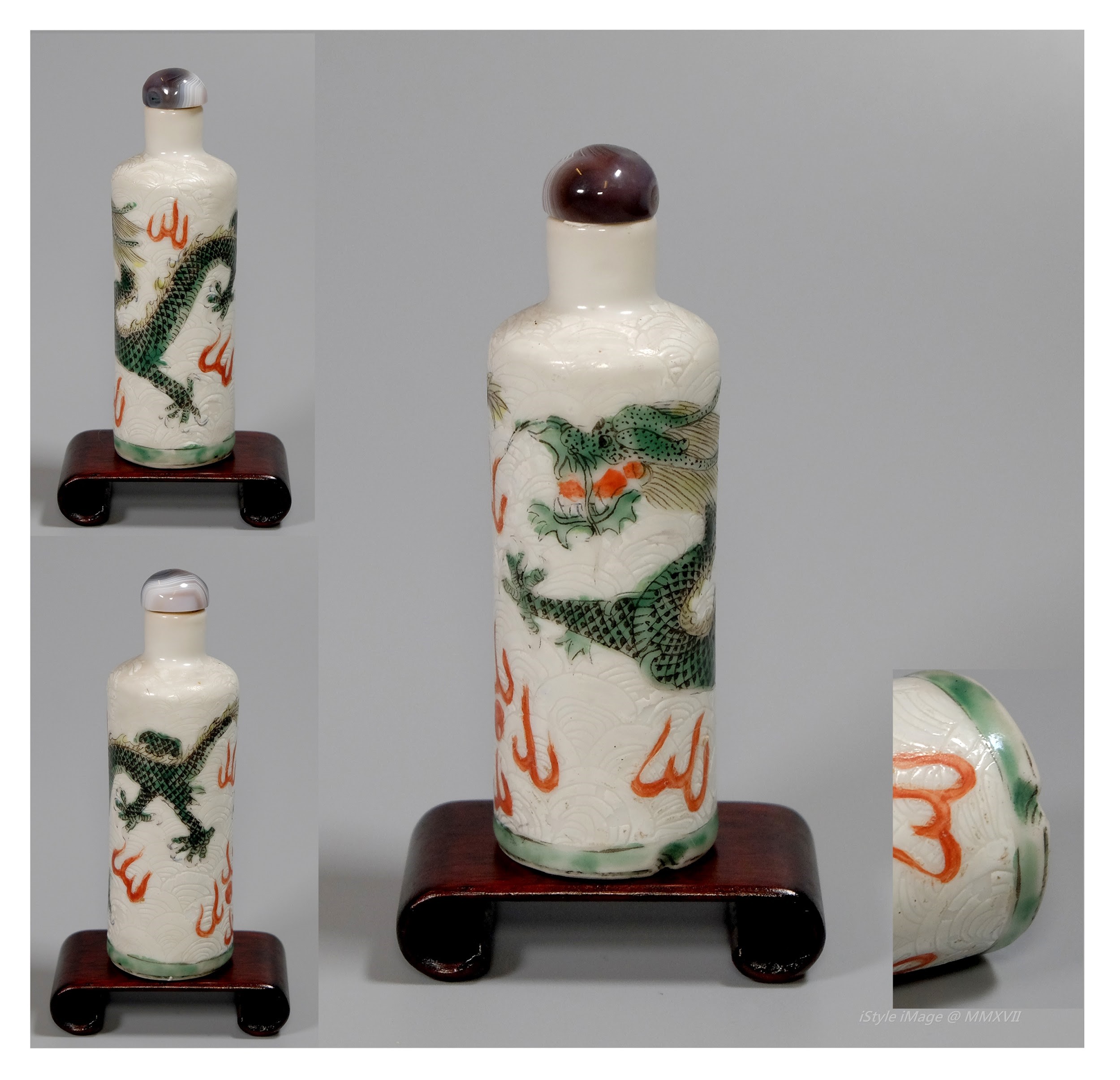 <br><h4>Lot 96 : A rare and exceptional 'Ming style' craved green glazed 'dragon' snuff bottle  (  late Qing dynasty to Republic period )</h4>
							Very simple cylindrical body, fine and exceptionally boldly carved to the exterior with water wave all around, painted with a dragon rising from water wave and chasing a flaming pearl . With brown agate stopper, and spoon.
							<br>Measurements (H) high 8.2 CM,  (W)width 2.6 CM<br><br><br>罕見特殊的 '明式紋體' 綠釉 '龍' 煙壺 ( 晚清至民國時期 )<br>圓柱體，外面精細而特別的 '明式紋體' 四周水波雕刻，上綠釉畫 '龍趕珠' ，龍從水波上升並追逐火焰的珍珠。 配棕色瑪瑙塞子和勺子。<br>尺寸(H)高 8.2 厘米, (W)濶 2.6 厘米