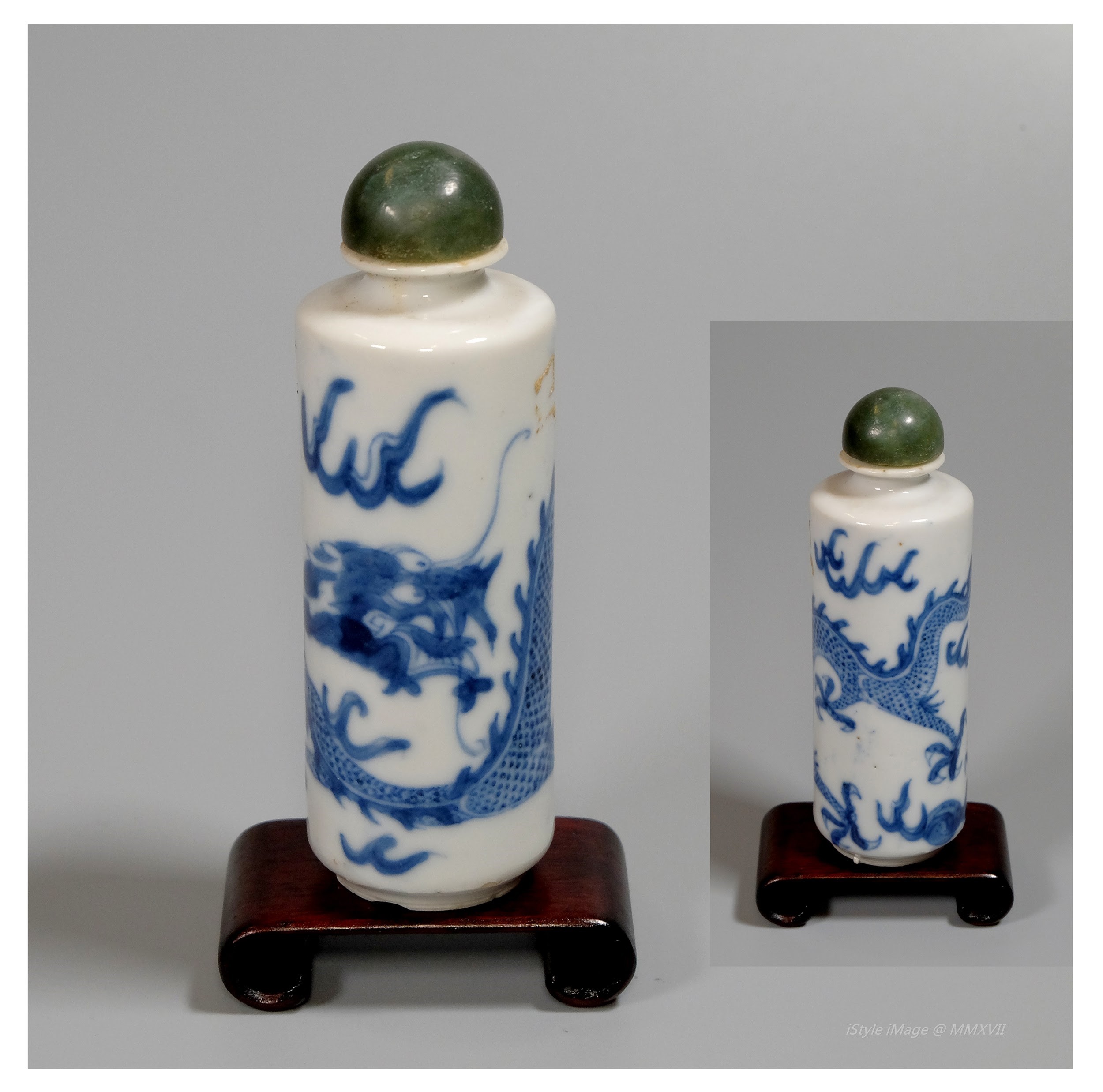 <br><h4>Lot 97 : An impressive 'Ming' style blue and white dragon snuff bottle ( late Qing dynasty to Republic period )</h4>
							Of cylindrical body, painted in blue and white to the all around with a dragon chasing a flaming pearl. With intense green glass stopper, and spoon. [minor flaw on rim] 
							<br>Measurements (H) high 9 CM,  (W)width 3 CM<br><br><br>令人印象深刻的 '明式風格' 青花龍煙壺  ( 晚清至民國時期 )<br>圓柱體，四周以青花畫一條龍追逐著火焰的珍珠。 配墨綠色玻璃塞子和勺子。 [邊緣有小缺陷]<br>尺寸(H)高 9 厘米,  (W)濶 3 厘米